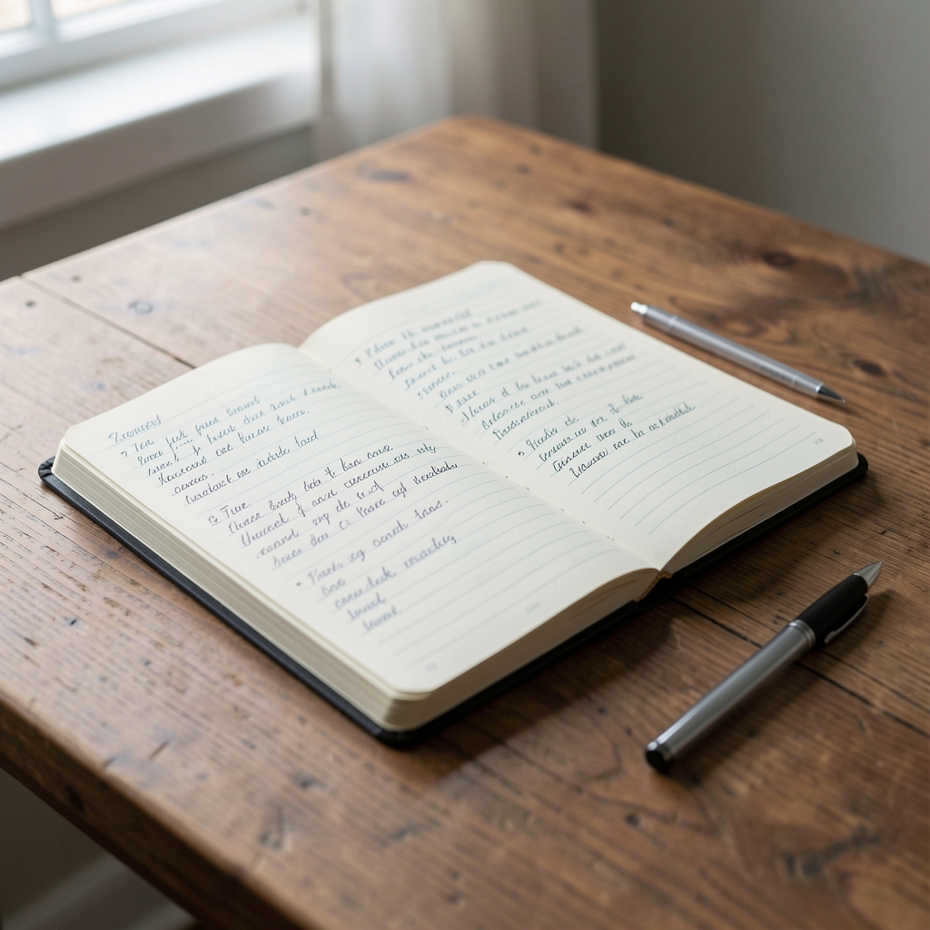 Notebook open on a wooden desk with handwritten entries, a pen beside it, diffused daylight from a nearby window, minimal composition